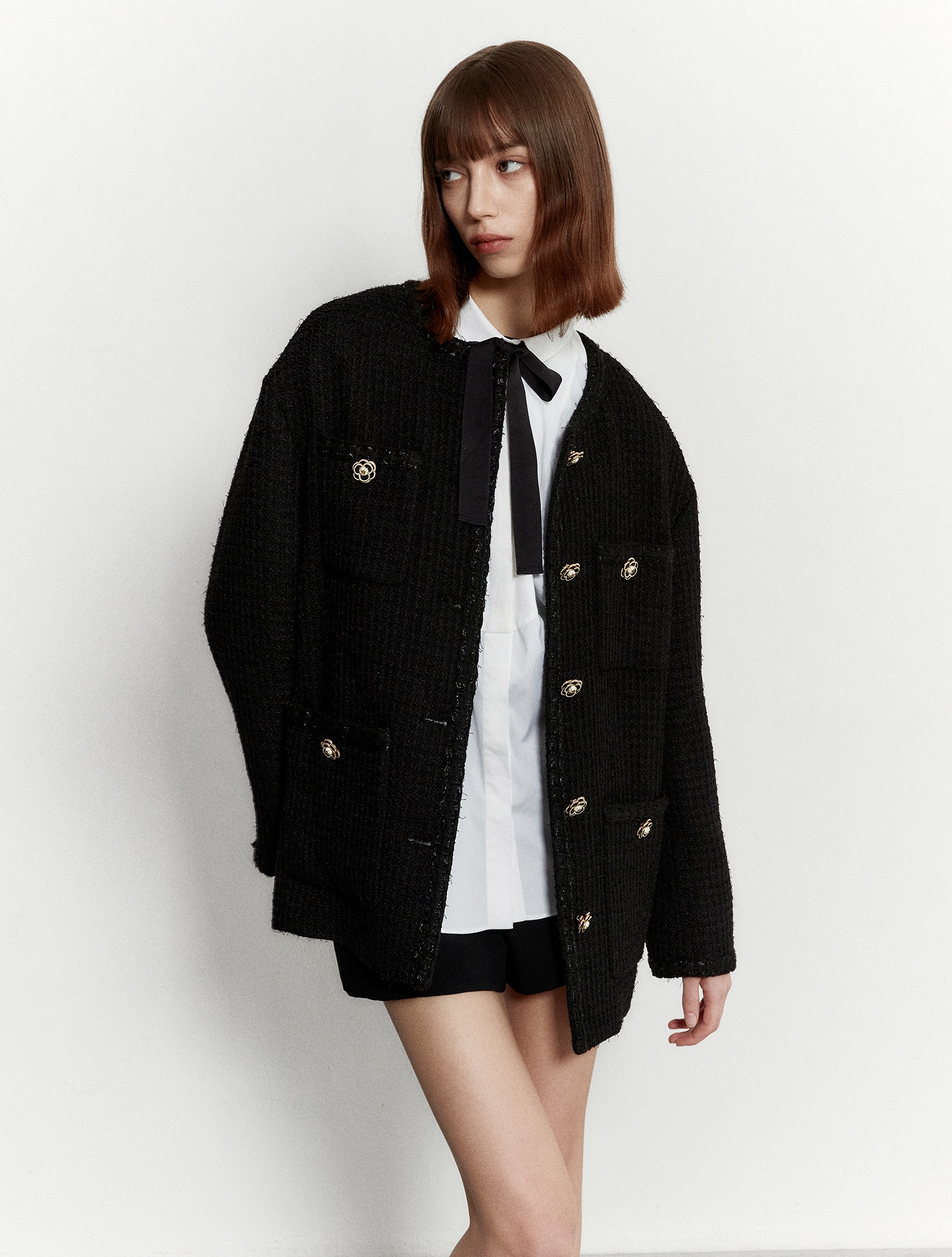 [소소 착용] Tweed half jacket 002 Black
