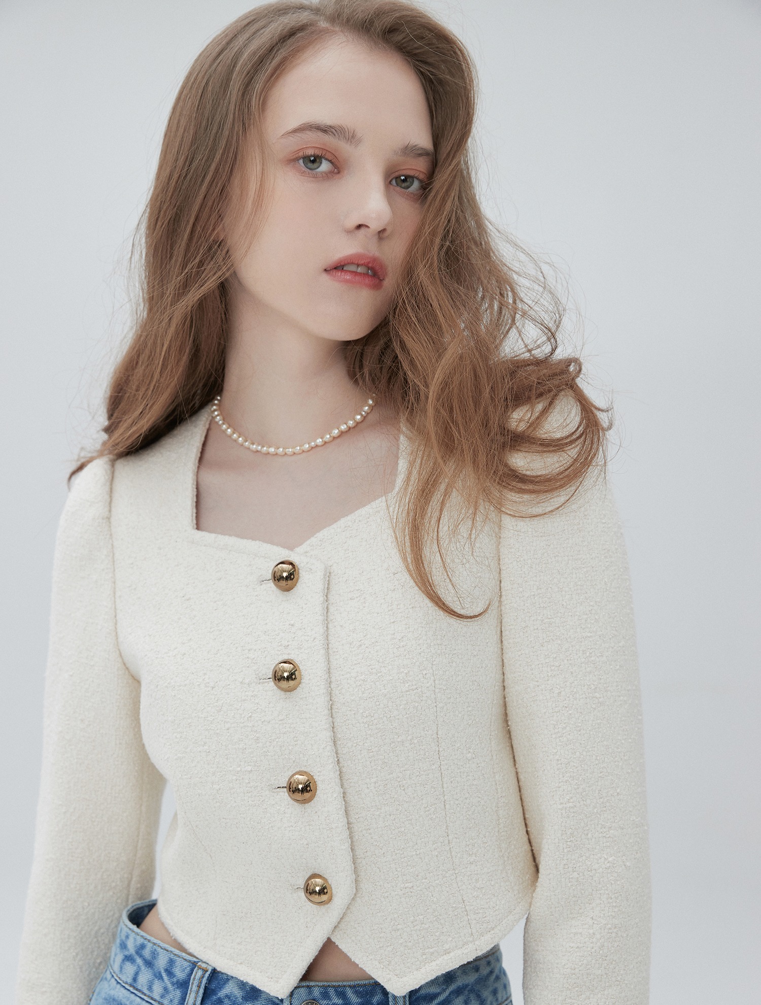 [서예지,웬디,김민주,진기주 착용] Tweed heart neck crop jacket 001 White